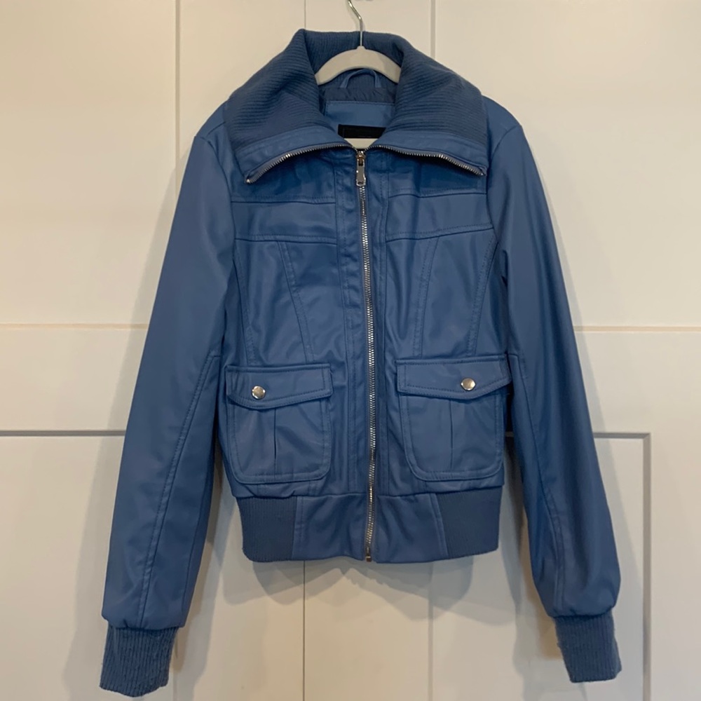 Blue Faux Leather Jacket by Miss London Black Label LIKE NEW
